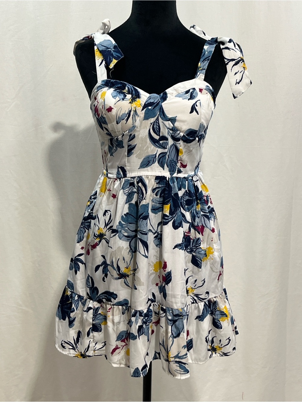 Band of the free White Floral Tie-Strap Mini Dress with Blue and Yellow  1354